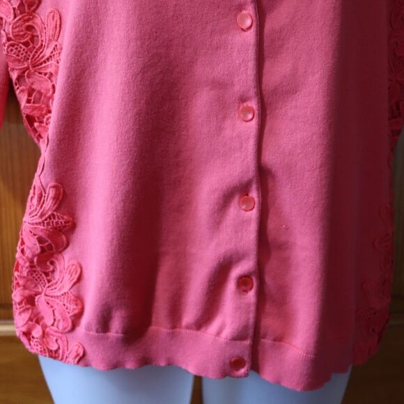 Talbots Coral Pink Floral Applique Cardigan Sweater Y2K Layering Large - Picture 5 of 12